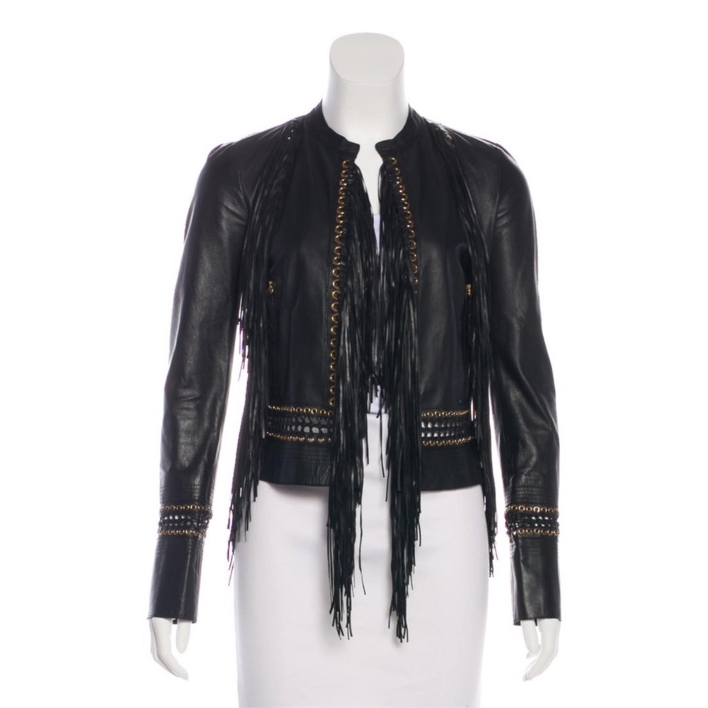 ROBERTO CAVALLI BLACK LEATHER FRINGED JACKET ⚡️